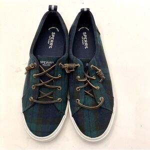 Sperry Top Sider Canvas Sneakers Green Blue Plaid Womens 11 Leather Rolled Laces